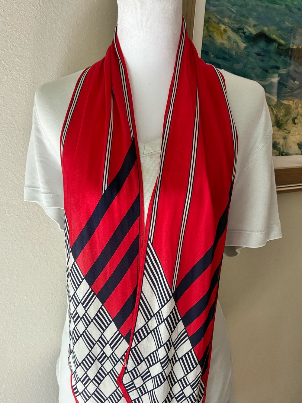 Vera Neumann Abstract Print Designer Scarf Navy Red White Oblong Vintage